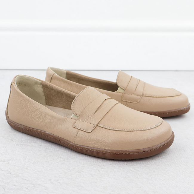Skórzane pólbuty damskie mokasyny barefoot ekri Helios 433